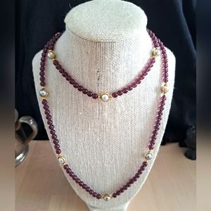 36" Clear Dark Purple Beaded Necklace With Gray Faux Pearl and Goldtone Accents